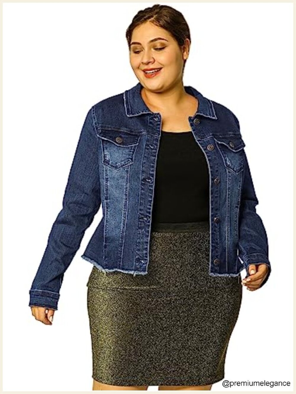 Plus Size Frayed Denim Jacket with Button Chest Pockets